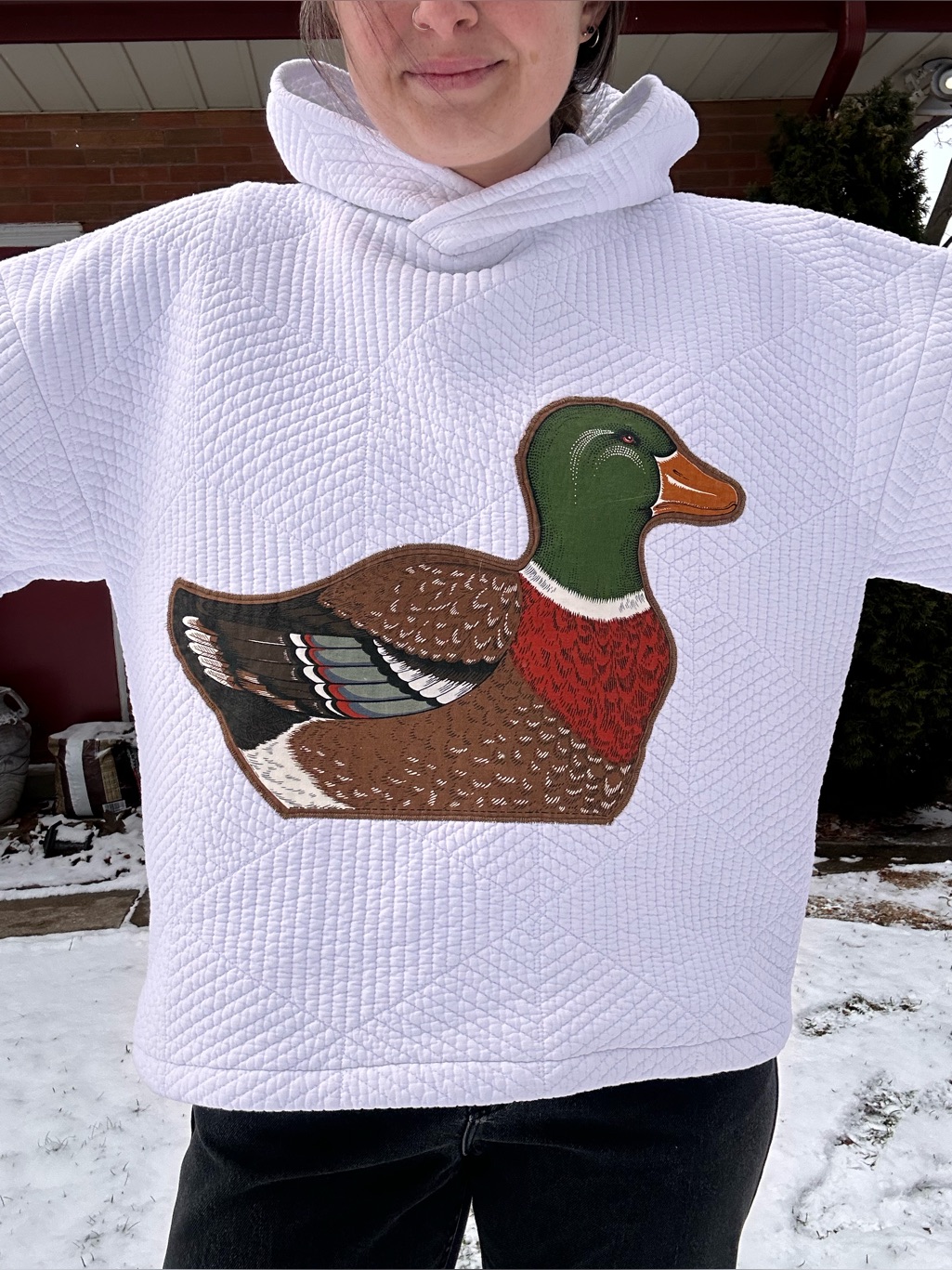 Upcycled Quilted Hoodie With Duck Appliqu